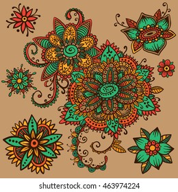 Beautiful vector set of mehndi style henna floral elements. Handsketched doodle flowers and paisley. Flash temporary tattoo. Mehendi design boho collection based on traditional indian ethno ornaments