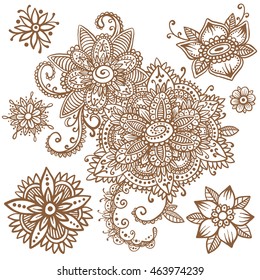 Beautiful vector set of mehndi style henna floral elements. Handsketched doodle flowers and paisley. Flash temporary tattoo. Mehendi design boho collection based on traditional indian ethno ornaments