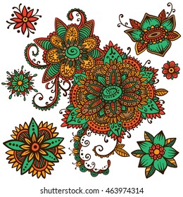 Beautiful vector set of mehndi style henna floral elements. Handsketched doodle flowers and paisley. Flash temporary tattoo. Mehendi design boho collection based on traditional indian ethno ornaments