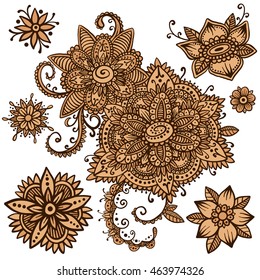 Beautiful vector set of mehndi style henna floral elements. Handsketched doodle flowers and paisley. Flash temporary tattoo. Mehendi design boho collection based on traditional indian ethno ornaments