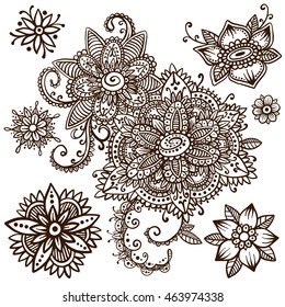 Beautiful vector set of mehndi style henna floral elements. Handsketched doodle flowers and paisley. Flash temporary tattoo. Mehendi design boho collection based on traditional indian ethno ornaments