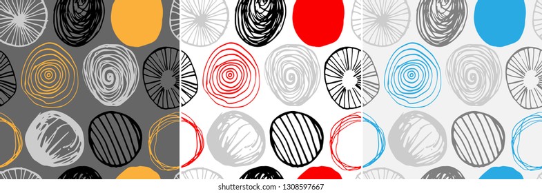 Beautiful vector set of three seamless patterns in simple scandinavian style. Abstract hand drawn round shapes. Repeating wallpapers. Trendy background design.