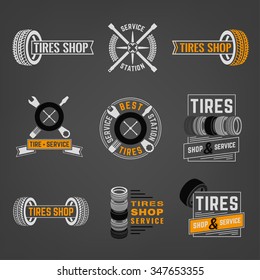 Beautiful vector set of the tire shop and service logotypes. Modern graphic style. Transportation automotive concept. Digital pictogram collection useful for automobile industry design