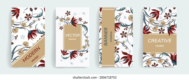Beautiful vector set of trendy floral design for greeting cards, invitations, wedding, birthday and as a background for social media posts, stories, banners, mobile apps, cosmetics, business cards
