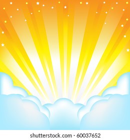 Beautiful Vector Sky With Clouds And Sun, Beams And Stars