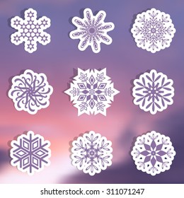Beautiful vector snowflake labels with shadows blurred background