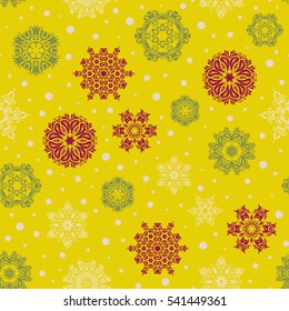 Beautiful vector snowflakes isolated on yellow background. Illustration. Snowflakes, snowfall. Falling Christmas stylized snowflakes.