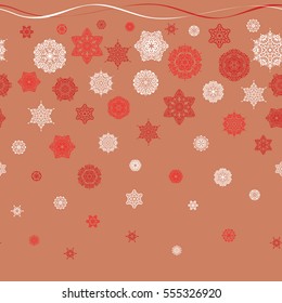 Beautiful vector snowflakes isolated on orange background. Snowflakes, snowfall. Falling Christmas stylized snowflakes. Illustration.