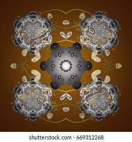 Beautiful vector snowflakes isolated on brown background. Snowflakes, snowfall. Falling Christmas stylized snowflakes. Illustration.