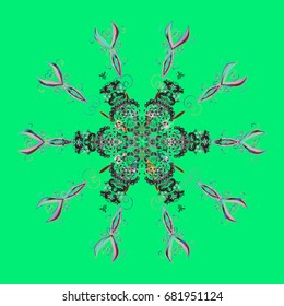 Beautiful vector snowflakes isolated on a colorful background. Snowflakes, snowfall. Falling Christmas stylized snowflakes. Illustration.