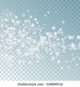 Beautiful vector snowflakes, snow and sparkles, isolated on blue transparent background. 