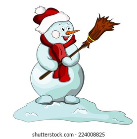 beautiful vector snowman with a broom with hat and scarf