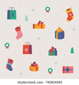 Beautiful vector soft colored Christmas festive pattern on gifts, presents, treats and surprises with gift boxes and bags, Xmas stockings. Ideal for winter holiday season decorations