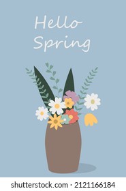 Beautiful vector spring card with the image of a vase of flowers.