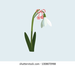 Beautiful vector spring illustration with snowdrop isolated on light blue background. Symbol on spring. 1 March - red and white