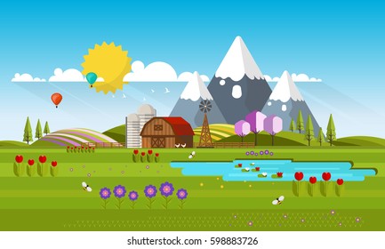 Beautiful Vector Spring Landscape in Flat Design Style