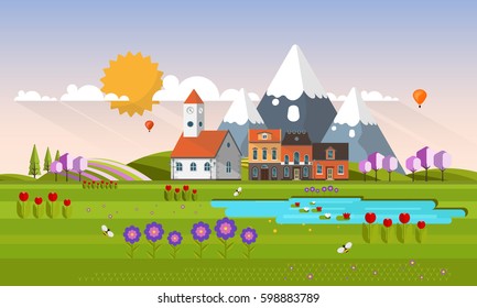Beautiful Vector Spring Landscape in Flat Design Style