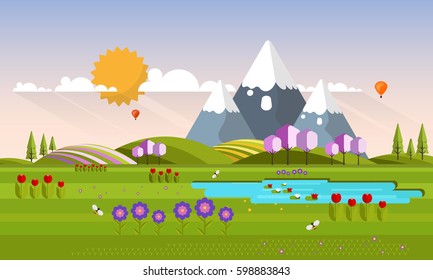 Beautiful Vector Spring Landscape in Flat Design Style