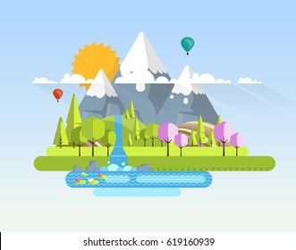 Beautiful Vector Spring Landscape in Flat Design Style