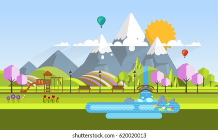 Beautiful Vector Spring Landscape in Flat Design Style with Playground.