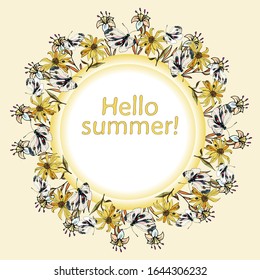 Beautiful vector square floral frame Hello Summer! Yellow Jerusalem artichoke flowers, earthen pear and white fluttering butterflies, greeting card with place for text, web banner, flyer.