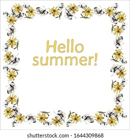 Beautiful vector square floral frame Hello Summer! Yellow Jerusalem artichoke flowers, earthen pear and white fluttering butterflies, greeting card with place for text, web banner, flyer.