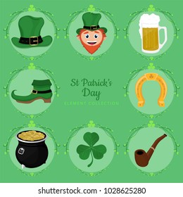 beautiful vector st patrick's day element collection. hat, pot of gold, smoke pipe, horseshoe, clover, shamrock, beer pint, leprechaun