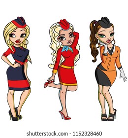 Beautiful vector stewardess in uniform. Different feminine airplane stuff isolated on white background.