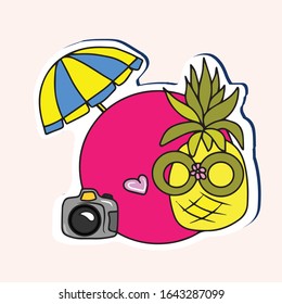 Beautiful vector sticker design .Pineapple with glasses and camera umbrella for the beach. Design of banners and postcards.Rest