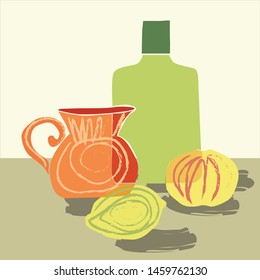 beautiful vector still life with fruit and jugs