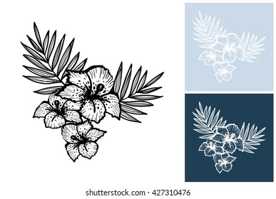 Beautiful vector summer beach symbol: hibiscus flower. Isolated sea summer exotic beach wedding party decorative hibiscus flower. Isolated element on white, blue, navy background.