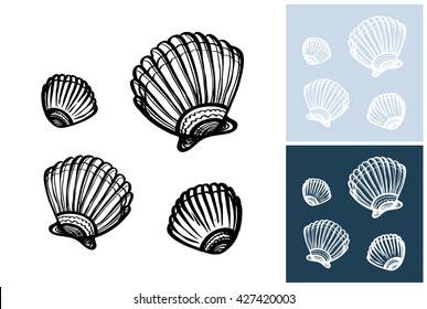 Beautiful vector summer beach symbol: seashell. Isolated sea summer exotic beach wedding party decorative seashell. Isolated element on white, blue, navy background.