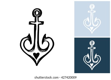 Beautiful vector summer beach symbol: sea anchor with heart. Isolated sea summer exotic beach wedding party decorative anchor with heart. Isolated element on white, blue, navy background.