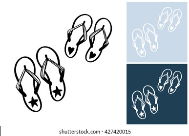 Beautiful vector summer beach symbol: flip-flop slippers. Isolated sea summer exotic beach wedding party decorative flip-flop slippers. Isolated element on white, blue, navy background.