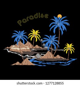 Beautiful vector of summer island relax vibes ,palm, tree, ocean,wave,mountain,beach design for Tshirt,fashion,cover,web and all graphic use on black background color with "paradise "wording