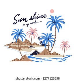 Beautiful vector of summer island relax vibes ,palm, tree, ocean,wave,mountain,beach design for Tshirt,fashion,cover,web and all graphic use on white background color