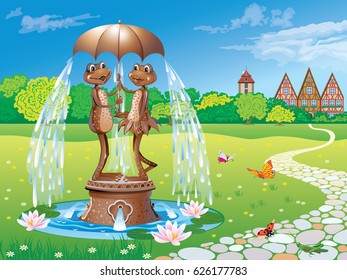 Beautiful vector summer landscape with a bronze fountain with sculptures of frogs under an umbrella