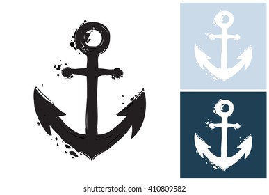 Beautiful vector summer ocean anchor. Hand drawn graphic anchor. Artistic cartoon sea baby element in retro style. Isolated element on white, blue, navy background