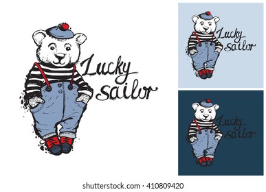 Beautiful vector summer ocean bear sailor. Hand drawn graphic bear sailor. Artistic cartoon sea baby element in retro style. Isolated element on white, blue, navy background