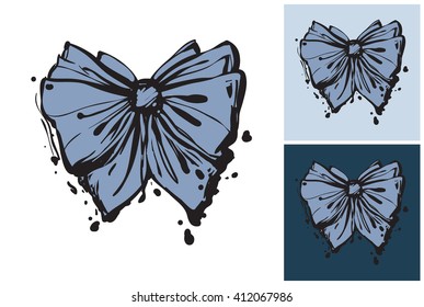 Beautiful vector summer ocean blue bow. Hand drawn graphic blue bow. Artistic cartoon sea baby element in retro style. Isolated element on white, blue, navy background