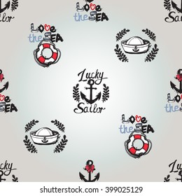 Beautiful vector summer ocean fashion sketch. Hand drawn graphic lucky anchor, love sea lifebuoy, sailor hat. Artistic cartoon sea baby seamless pattern retro style. Isolated elements white background