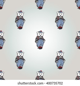 Beautiful vector summer ocean fashion sketch. Hand drawn graphic bear. Artistic cartoon sea baby seamless pattern in retro style. Isolated elements on white background