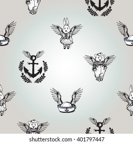 Beautiful vector summer ocean fashion sketch. Hand drawn graphic flying sailor hat angel rabbit bear laurel anchor. Cartoon sea baby seamless pattern retro style. Isolated elements on white background