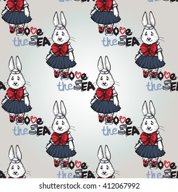 Beautiful vector summer ocean fashion sketch. Hand drawn graphic rabbit sailor. Artistic cartoon sea baby seamless pattern in retro style. Isolated elements on white background