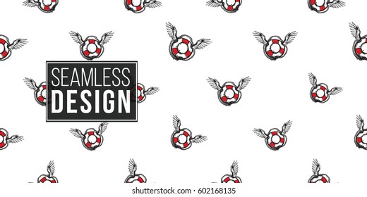 Beautiful vector summer ocean fashion sketch. Hand drawn graphic flying. Artistic cartoon sea baby seamless pattern in retro style. Isolated elements on white background.