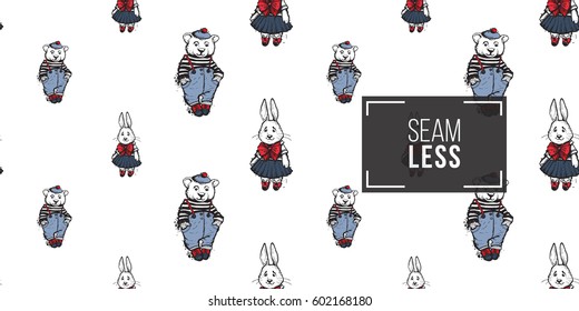 Beautiful vector summer ocean fashion sketch. Hand drawn graphic rabbit and bear. Artistic cartoon sea baby seamless pattern in retro style. Isolated elements on white background.