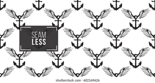 Beautiful vector summer ocean fashion sketch. Hand drawn graphic flying anchor. Artistic cartoon sea baby seamless pattern in retro style. Isolated elements on white background.