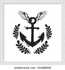 Beautiful vector summer ocean flying laurel anchor. Hand drawn graphic flying laurel anchor. Artistic cartoon sea baby art element in retro style. Isolated element on white background.