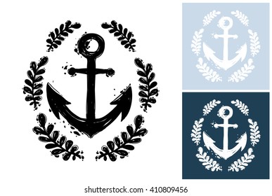 Beautiful vector summer ocean laurel anchor. Hand drawn graphic laurel anchor. Artistic cartoon sea baby element in retro style. Isolated element on white, blue, navy background