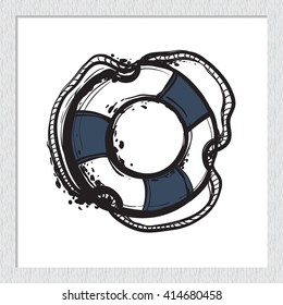 Beautiful vector summer ocean lifebuoy. Hand drawn graphic lifebuoy. Artistic cartoon sea baby art element in retro style. Isolated element on white background.